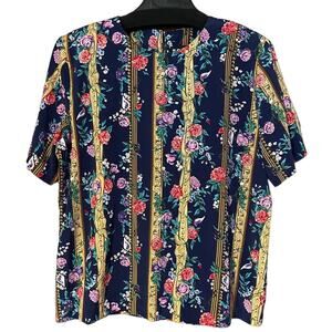 Susan Graver SG Sport Blue Floral Print Short Sleeve Shell Size Large 14/16